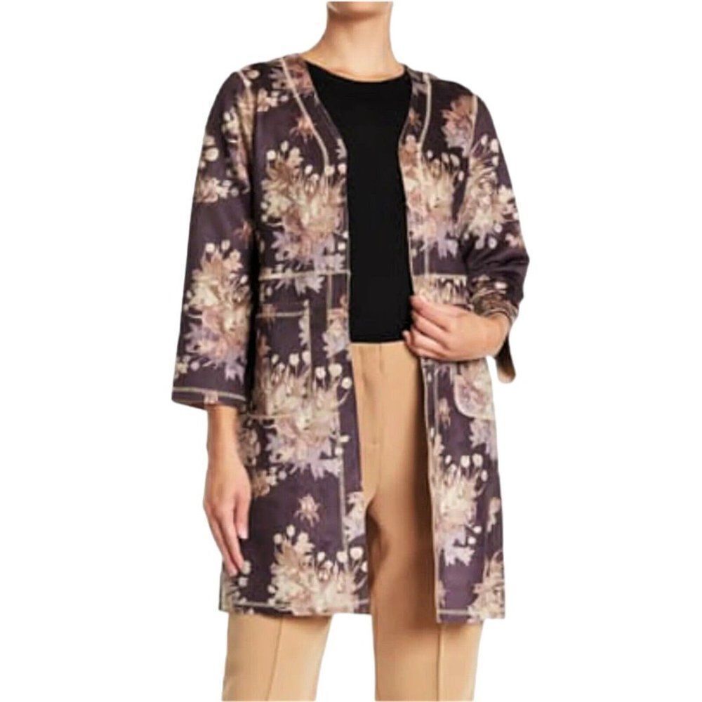 Chelsea & Theodore Floral‎ Womens M Jacket Faux Suede Open Front Brown Business